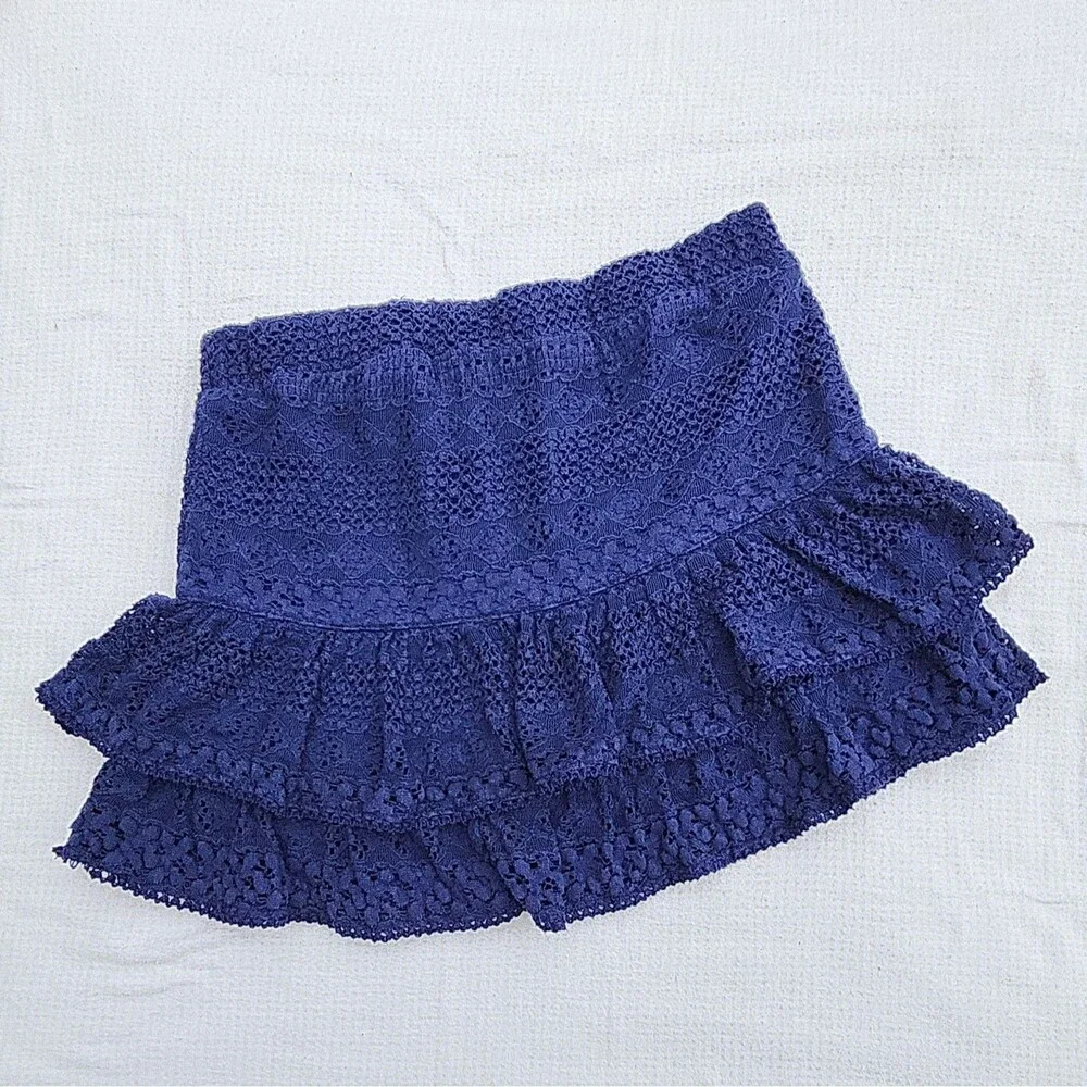 Justice Girls Blue Lace Floral Ruffle Skort Shorts Size 14 Pull On Elastic